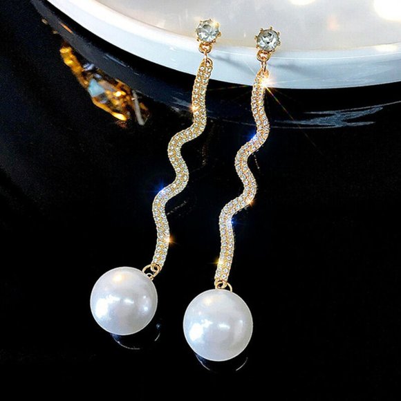 LARGE! 925 Silver Crystal Gold Pearl Stud Earrings - Picture 5 of 9